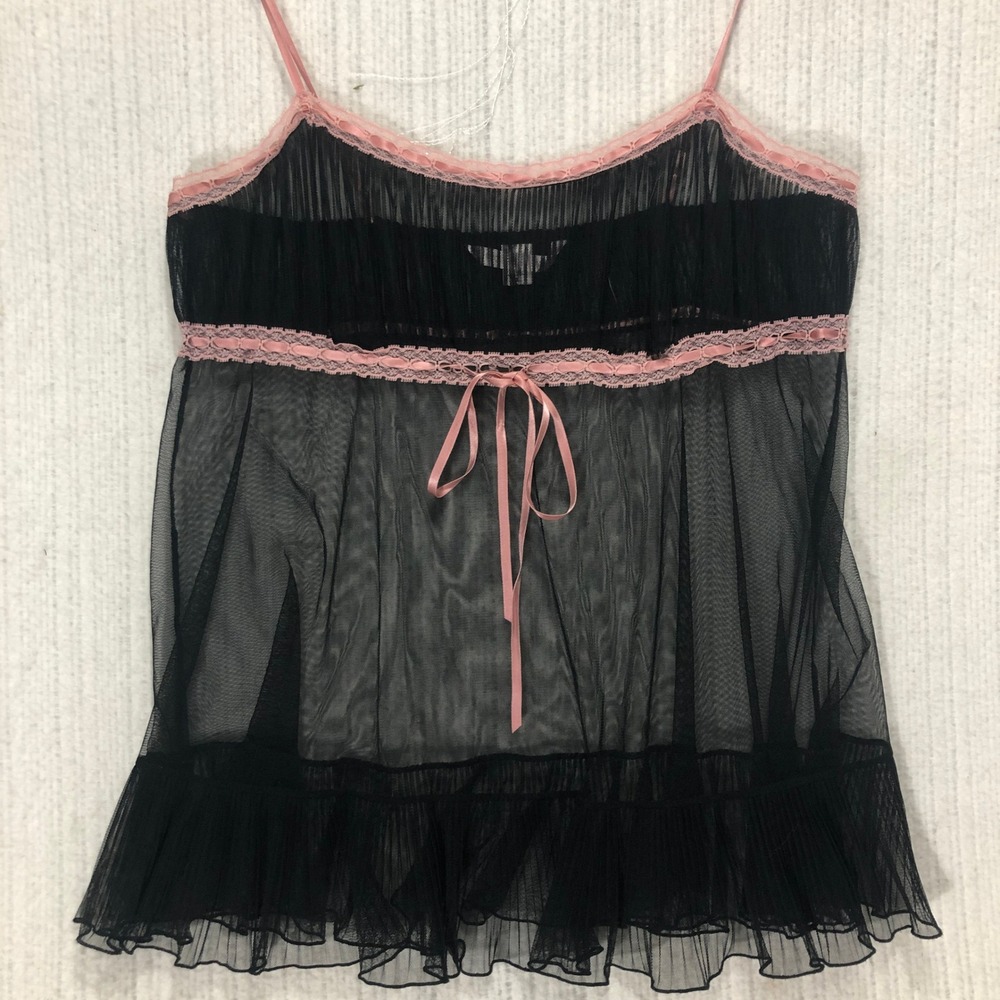 Victorias Secret Black Pink Lace Babydoll Chemise Nightgown L